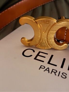 Celine Tan Leather Belt with Gold-Tone Triomphe Buckle large X-Large
